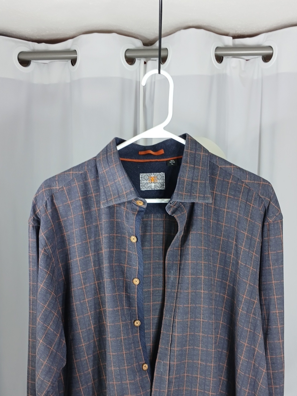 Enzone Men's Plaid Button-Front cotton Shirt in Navy with Orange Windowpane
